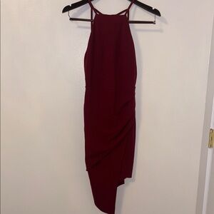 Red Asymmetrical Ribbed Sheath Dress Halter Neckline